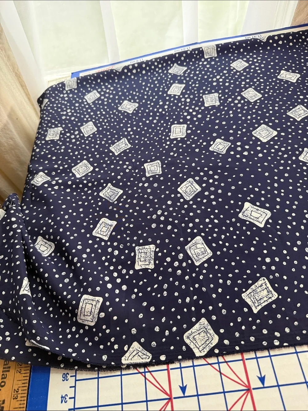 Vintage 1970s 80s Dark Navy Cream Abstract Dot Geometric Fabric 2.5 Yards x 44”